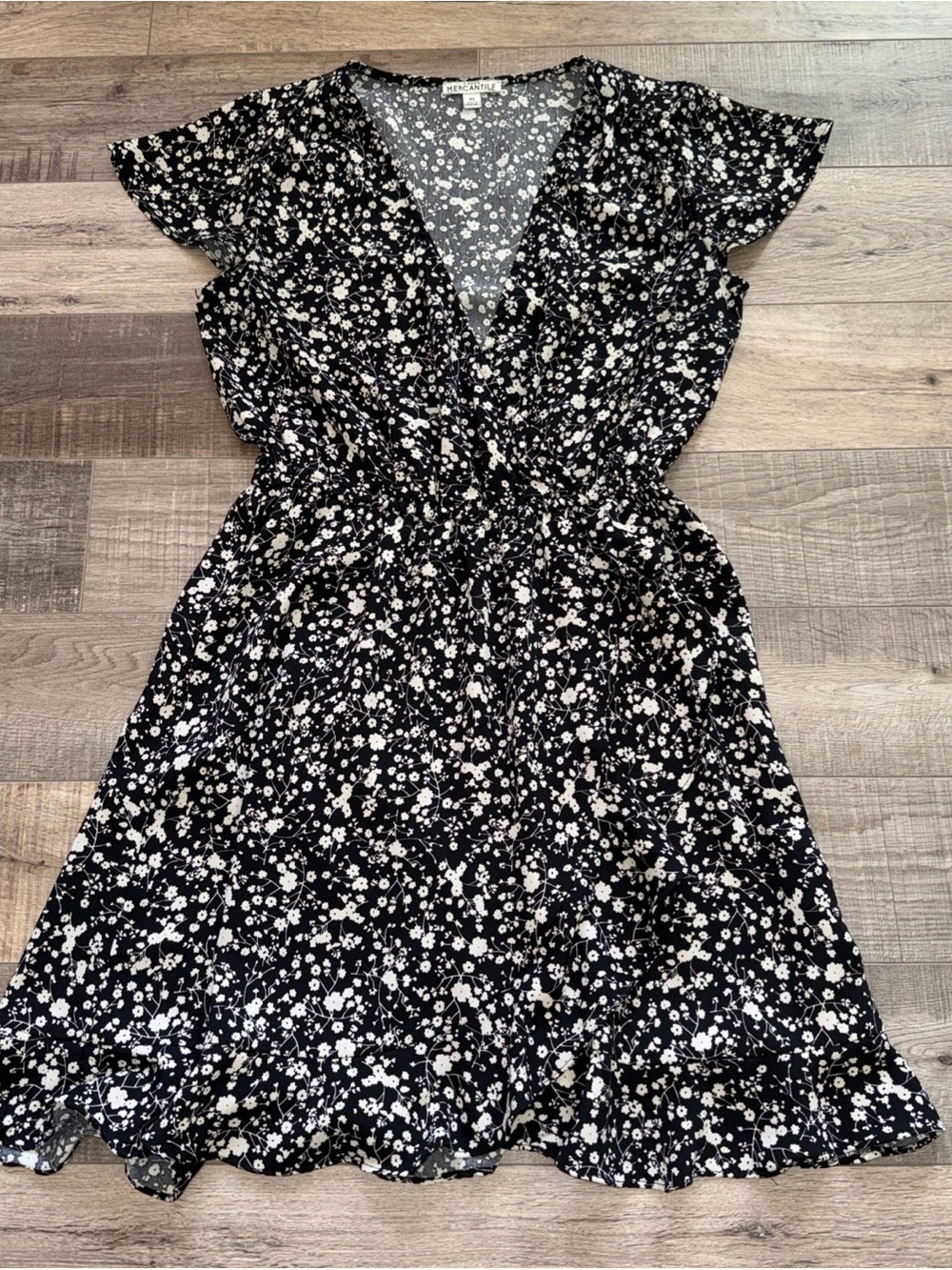 J Crew XS Floral V-Neck Black Dress with White Print - Lightweight Women's Dress